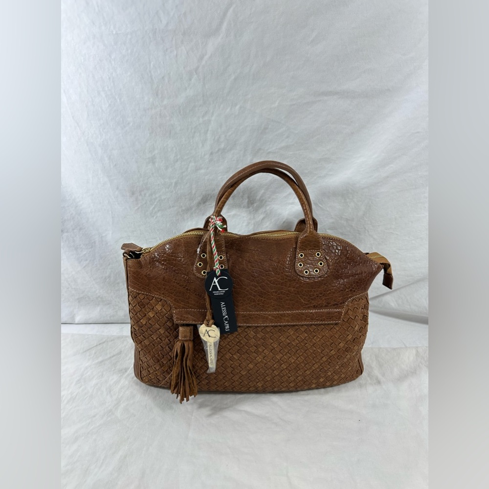 Genuine ALESSIA CAPRI tan leather woven satchel bag purse